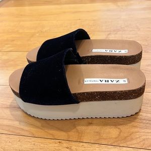 Zara navy blue velvet platform slides